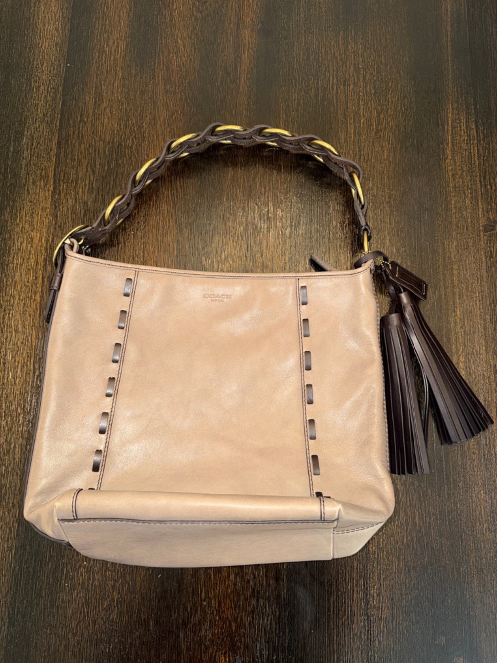 COACH Soft Taupe Leather Shoulder Bag with Braided Dark Brown Handle